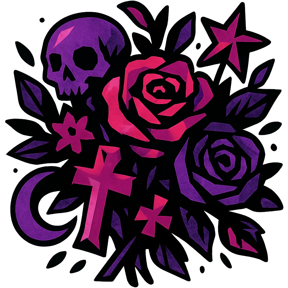 gothic bouquet, bold colors, dynamic shading, energetic, gothic motifs, black, magenta, and purple emoji