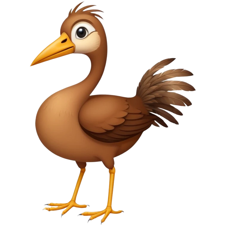 an oval brown bird with two short strong legs a long thin beak stringy feathers small head  emoji
