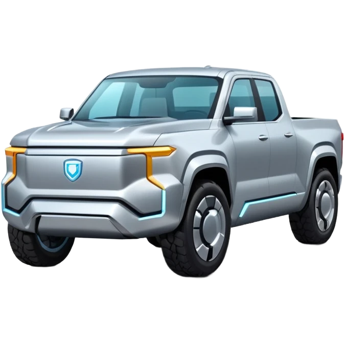A futuristic electric pickup truck emoji, silver chrome body, angular cyber design, smooth metallic panels, subtle reflections, minimalistic proportions, iOS emoji style, centered composition, clean white background, soft lighting emoji