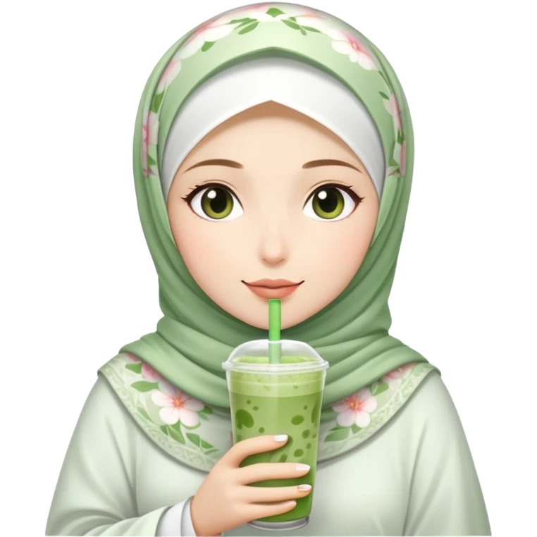White hijab girl wearing flower hijab holding iced matcha drink emoji