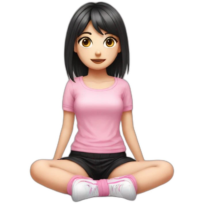 full body Front view emo girl sits on the floor black skirt pink knickers emoji