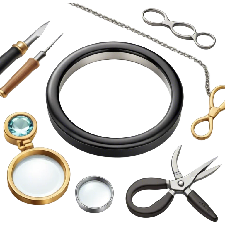 Create an icon that represents the art of jewelry making. The design should feature 1-2 pieces of jewelry, such as a ring or necklace, in progress. Include a small workbench or table, a magnifying glass, and tools like pliers and tweezers. The composition should feel elegant and detailed, showcasing the precision and skill involved in crafting jewelry. The background should be transparent. emoji