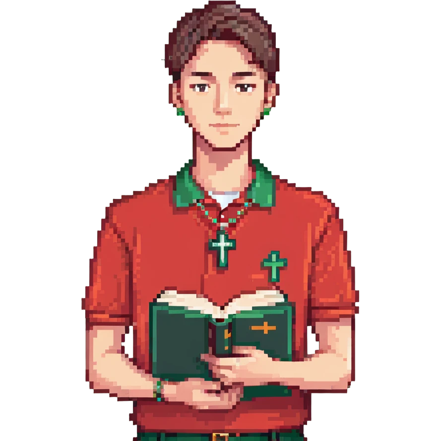 man with clean haircut, wearing a red polo shirt, holding a book and wearing a cross necklace emoji