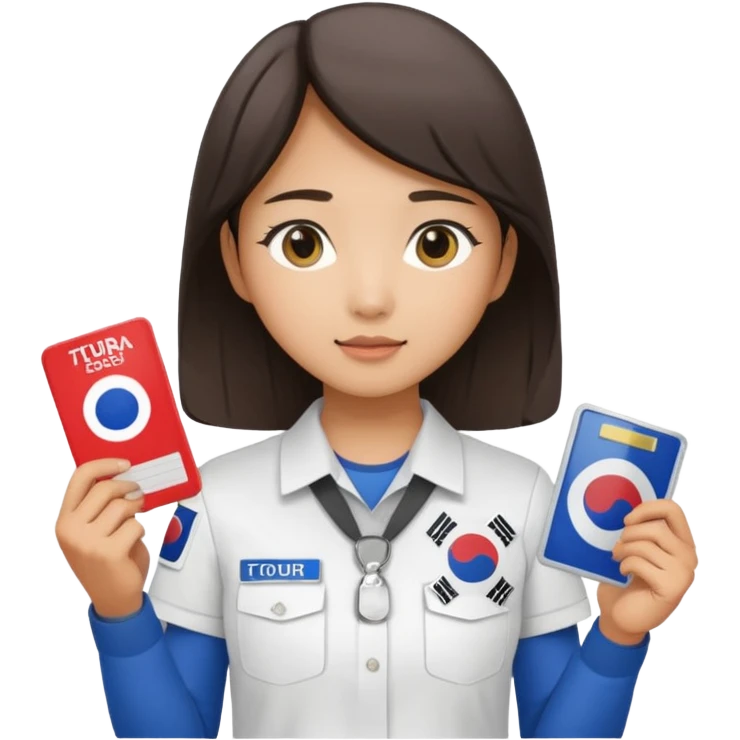 A young Asian guide holding her tour license in both hands, wearing a white shirt with the South Korea badge on her chest. emoji
