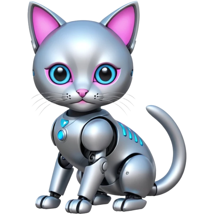 Robot kitten with pink and neon blue eyes emoji