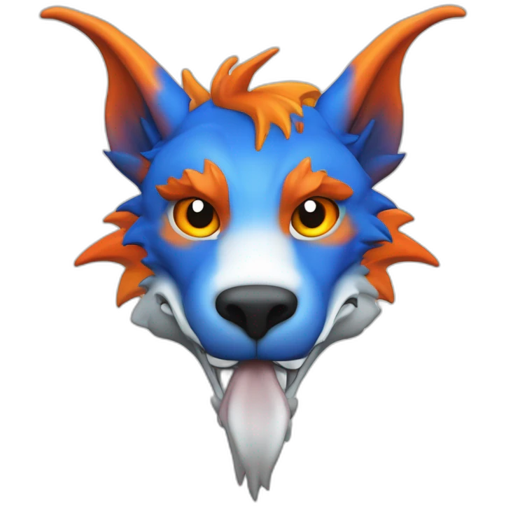 Un dragon mi loup de couleur rouge, bleu, blanc et orange moutardes, avec des corne de bélier orange moutard. Il qui crache du feux emoji