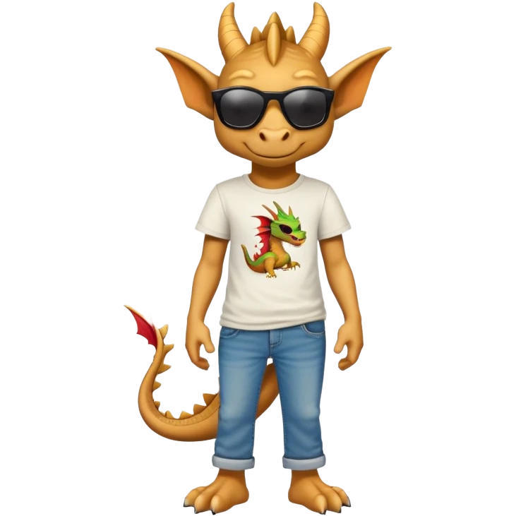 friendly anthropomorphised dragon in a hip-hop t-shirt and jeans wearing dark sunglasses emoji