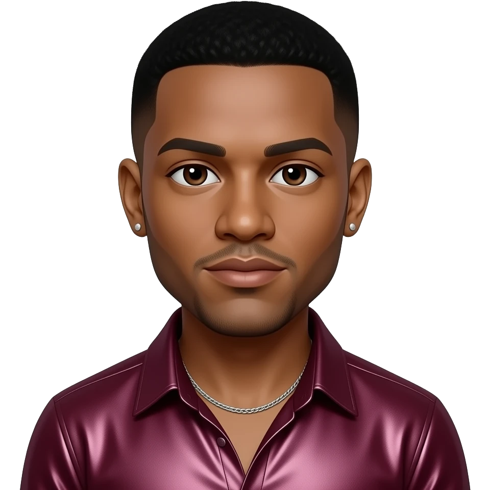 Ray J with dark brown eyes, black short hair, burgundy metallic shirt, silver necklace and short earrings emoji