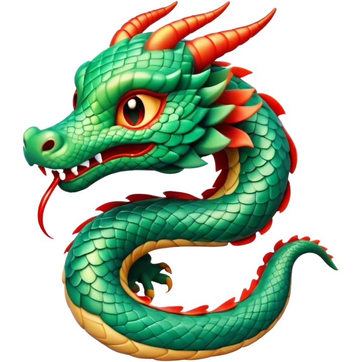Cinematic Cute Chinese Serpent Dragon Portrait Emoji, Head tilted playfully and inquisitively, showcasing a slender, flowing body with vibrant jade scales and soft vermilion accents intertwined with whimsical wisps of cloud and water details; rendered with realistic finesse and warm natural light, high shine, charming and spirited, styled with a touch of mythic whimsy, soft glowing outline, capturing the essence of a mischievous yet endearing celestial dragon poised to weave magic into your dreams! emoji