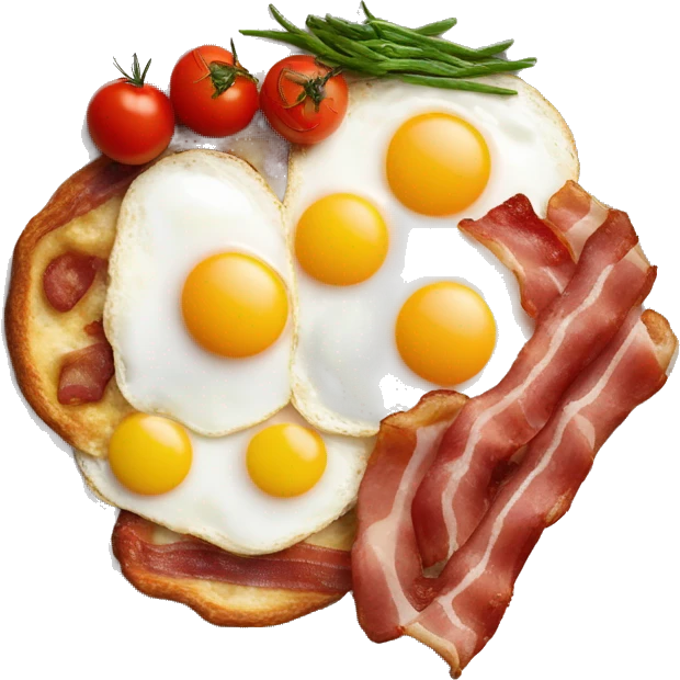 English breakfast on white plate with with eggs, bacon, cherry tomatoes, beans in red sauce emoji