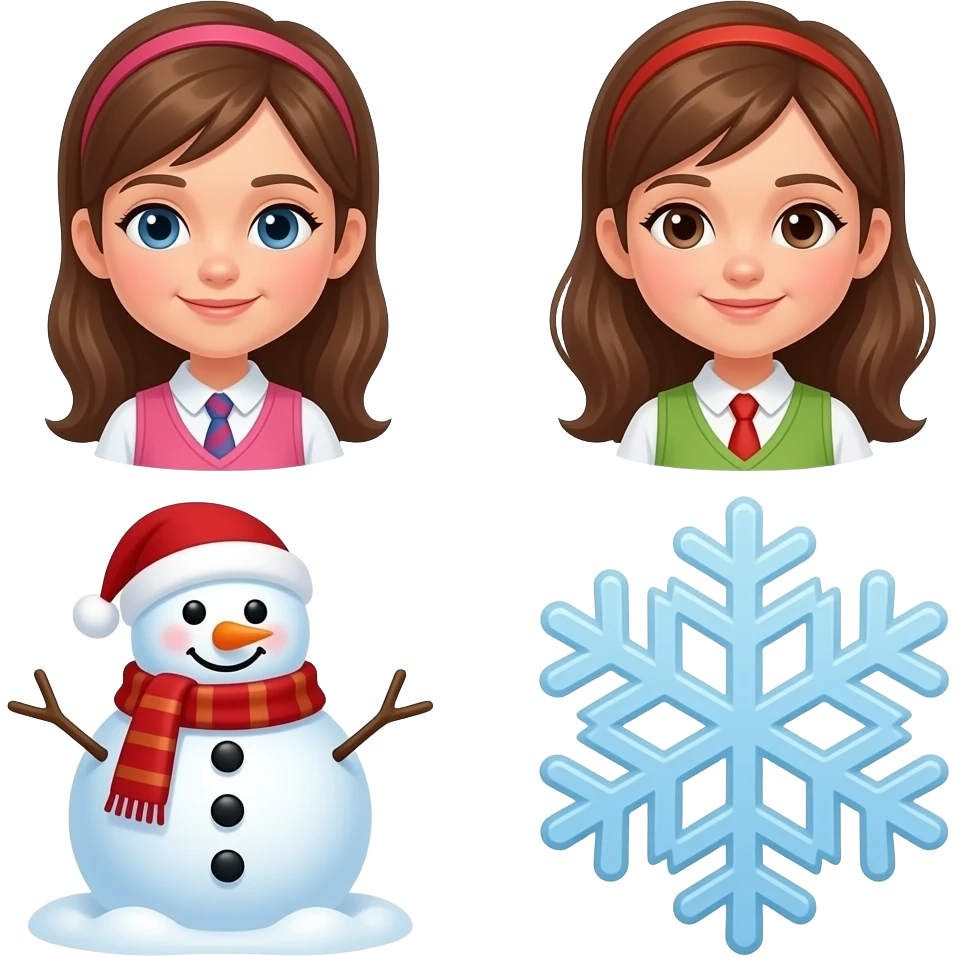 Give me 3 emoj's next to each other. 1. snowflake,2. 2 girls 3. snowman emoji
