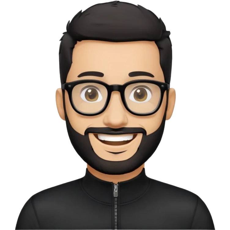 Light-skinned man with very short black hair, short salt and pepper beard, big black glasses frames, happy smile, black long sleeve zip-neck shirt emoji