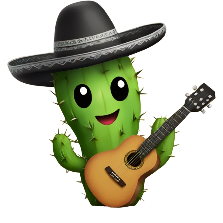 Cute cactus with arms holding a guitar wearing a sombrero with a black curly mustache emoji