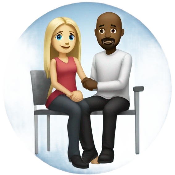 Blonde woman with blue eyes and long straight hair and black man who is bald with a goatee seated together with their legs touching and holding hands.   emoji