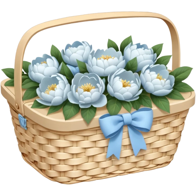White Picnic basket with light blue bow and white peonies inside emoji