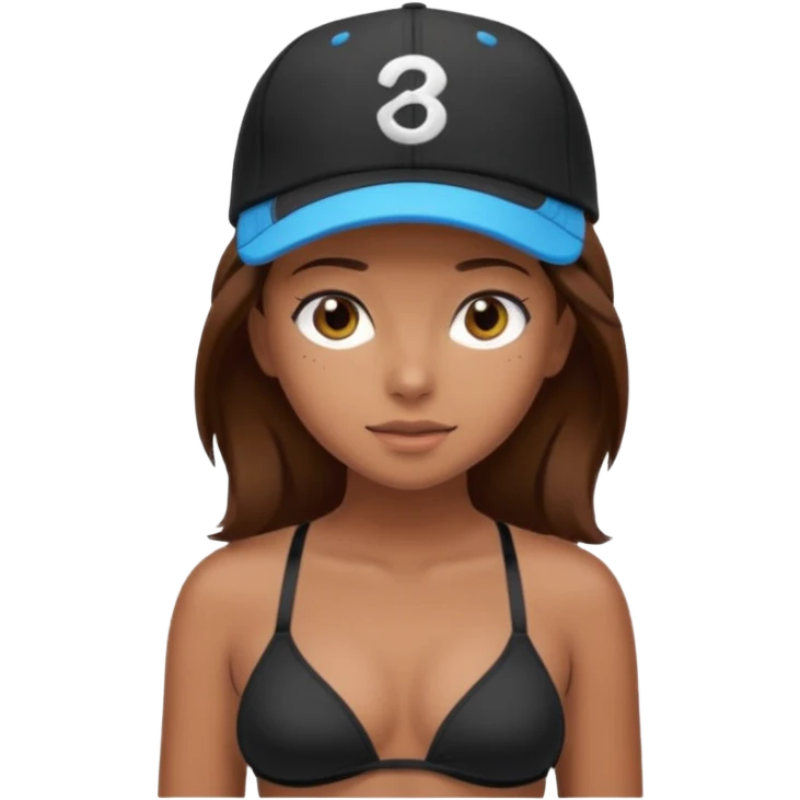 A tanned girl's face long brown hair with a backwards black baseball cap (brim facing backwards), long brown hair, wearing a black bikini top. emoji