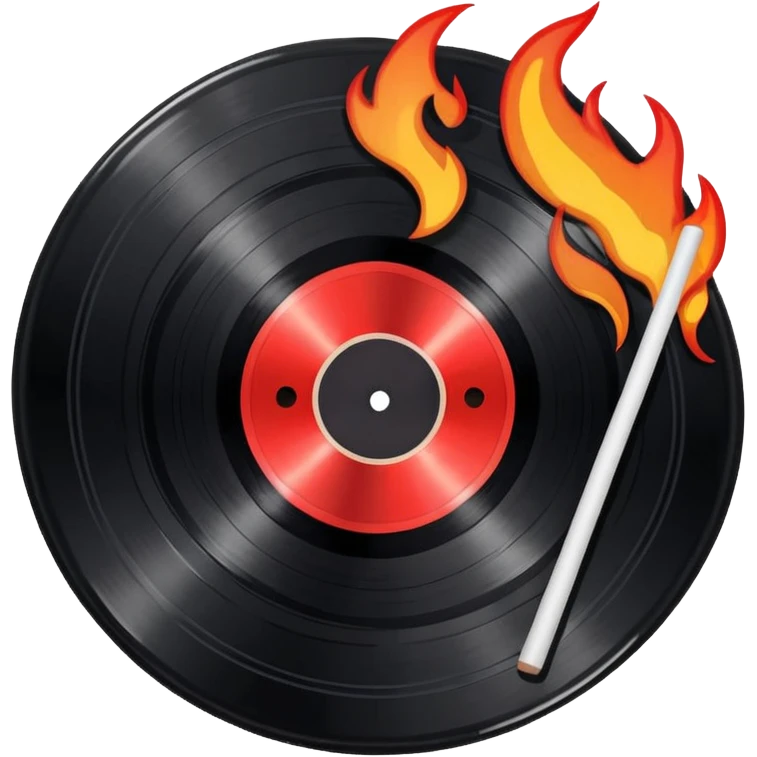 a black vinyl record white stick  with red outlin and flames  emoji