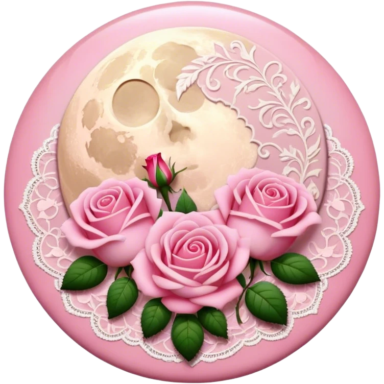 A round pink button with light cream damask lace, a full moon and pink roses in the center emoji