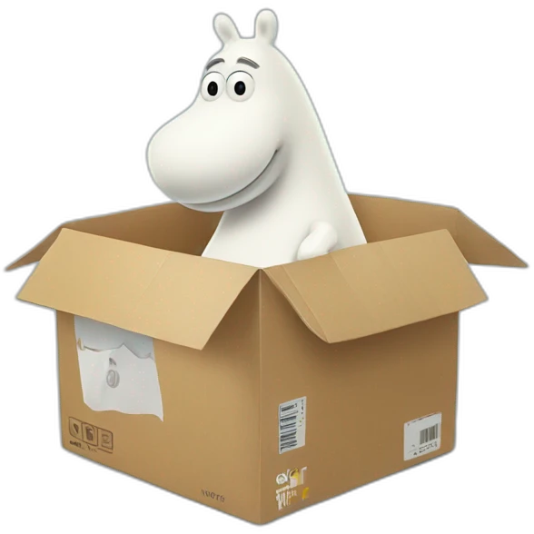 Moomin delivers a box with a big Wolt logo on it emoji