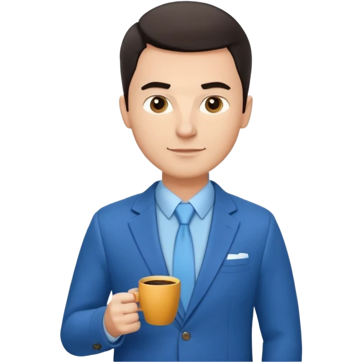 Confident male entrepreneur, Caucasian features, short dark hair, defined eyebrows, slight smile, wearing blue blazer over light blue shirt, holding a smartphone in one hand and a coffee cup in the other, waist-up, front-facing emoji