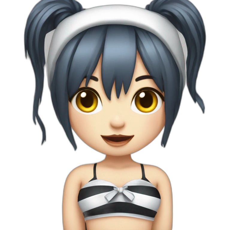 Frontal view curvy emo girl sits white skirt striped stockings hands up emoji