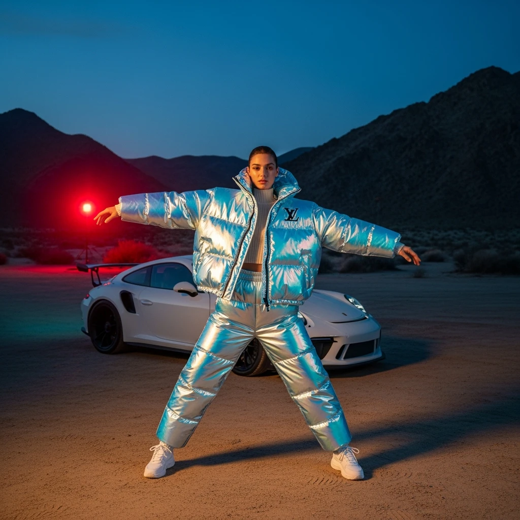 Closeup shot, Top view Photo of a woman dress in abstract holo puffer Louis Vuitton outfit, express body, porsche 911 gt3 rs, soft light, red light in background, woman on desert during night with spot light, blue minimalistic sky in background, studio, layared composition, mountains in background, emoji