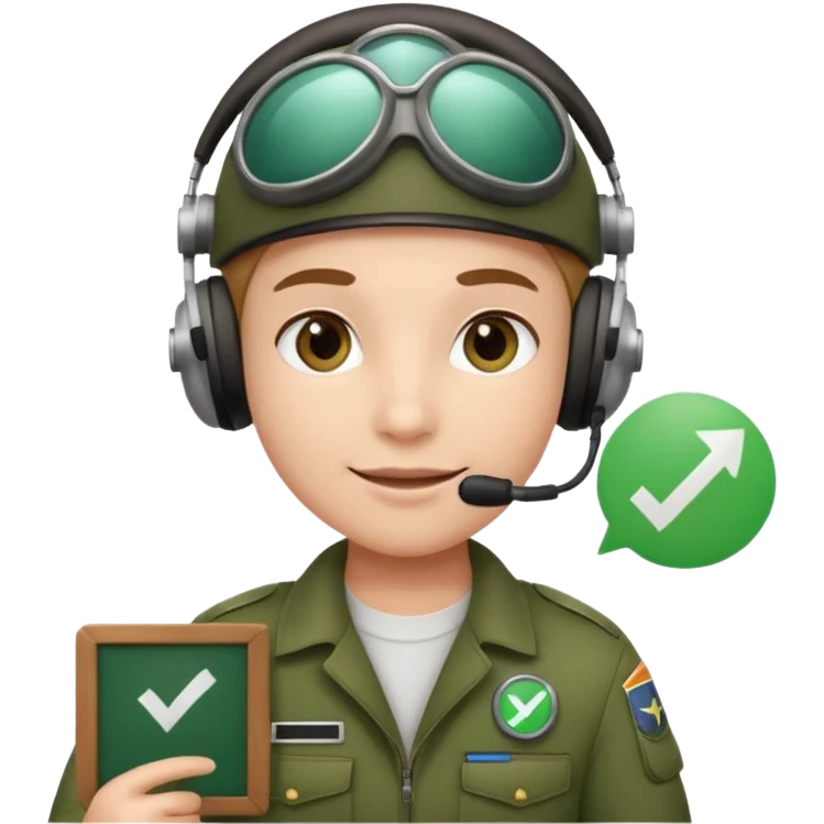 Slack-style emoji of a pilot wearing holding a green board with a white check mark emoji