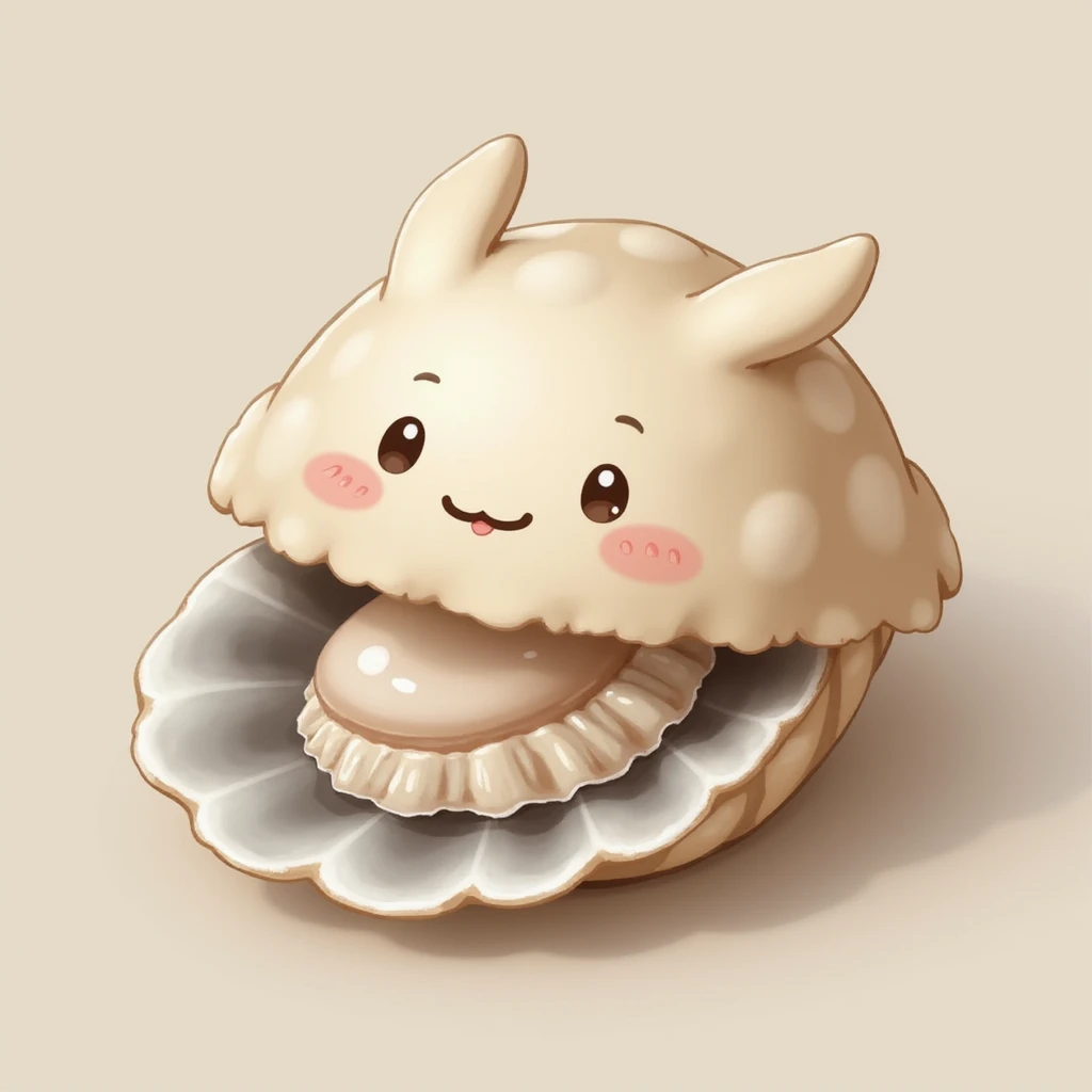 cute oyster, smiling expression, cream color, pink cheeks, doe eyes, greige shell, photorealistic style emoji