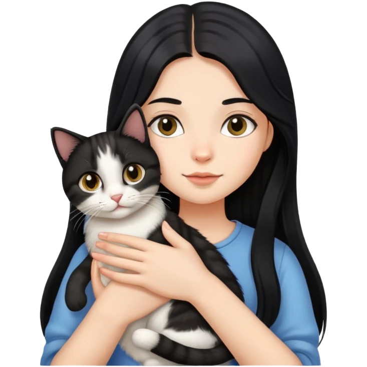 Long black hair girl holding a haired tabby cat emoji