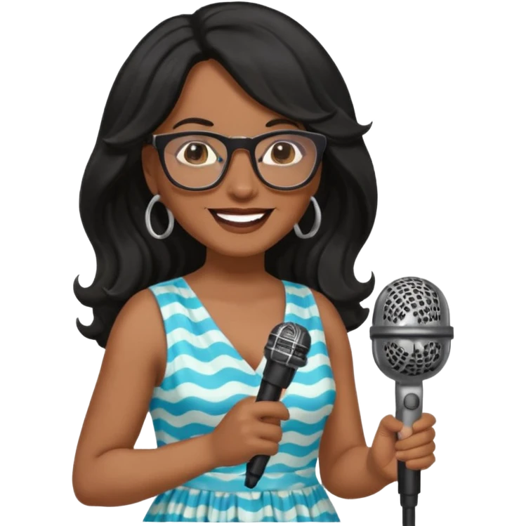 singer, Middle age, long wavy black hair, brown skin, wearing dress, holding mic, glasses emoji