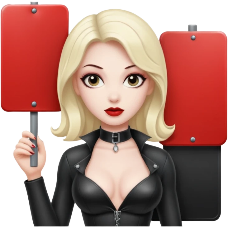 A dominatrix holding a large sign emoji