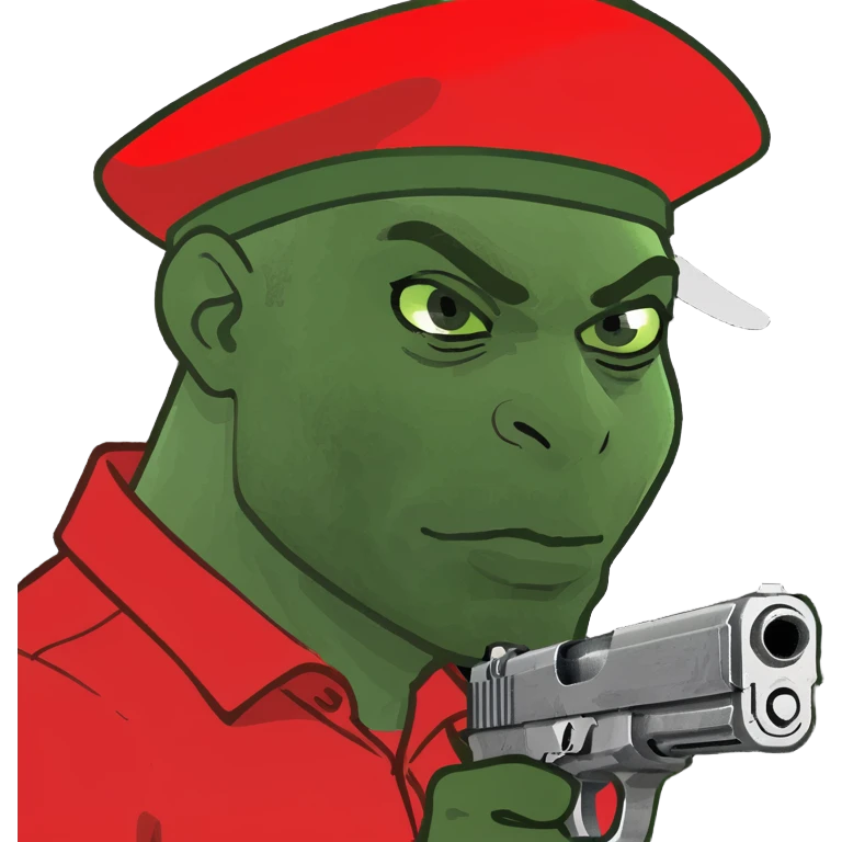 dark skin guy with all red and a red hat and gun emoji