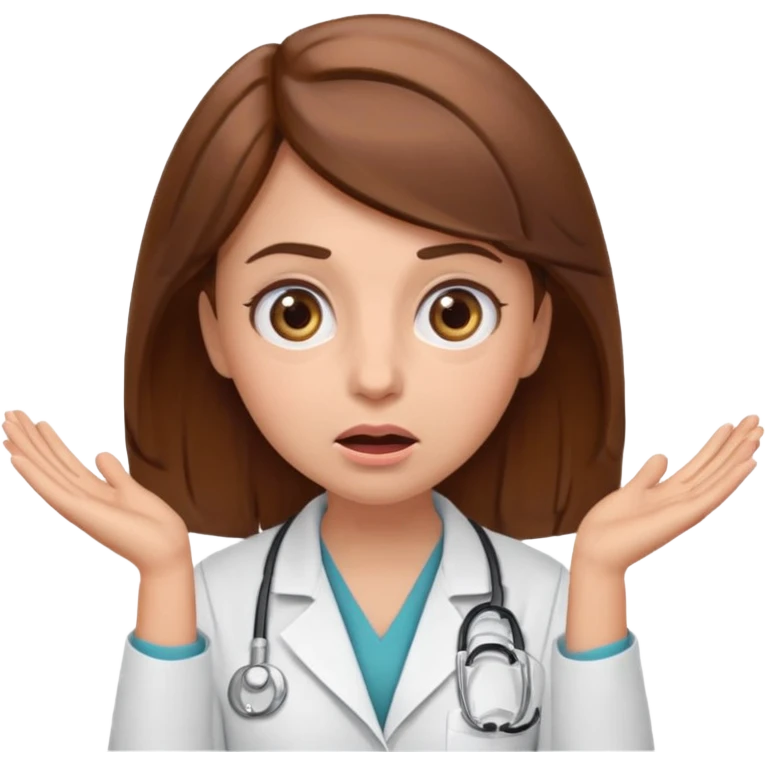 Surprised female doctor emoji with brown hair, both hands on her cheeks, big expressive eyes, clean emoji style emoji