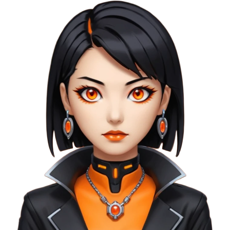Cyberpunk Japanese woman, mid-50s looking young, sharp features, sleek black hair, glowing orange eyes, expensive tech jewelry, vengeful expression, neon highlights, dark background. emoji