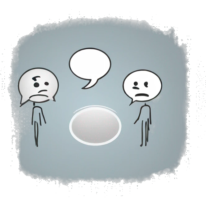 stick figure on the left talking with a speech bubble with sad face and another stick figure on the right talking to them with a speech bubble with a question mark emoji