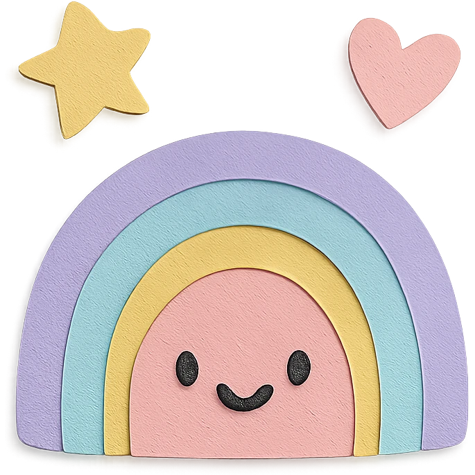 cute tiny rainbow, floating star and heart around, soft pastel colors, no limbs, transparent background, full body, paper craft style emoji