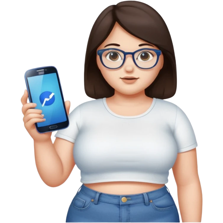 chica adolescente gordita ,pelo castaño oscuro,crop top blanco ,jeans vaqueros, espejuelos y un celular samsumg en su mano izquierda  emoji