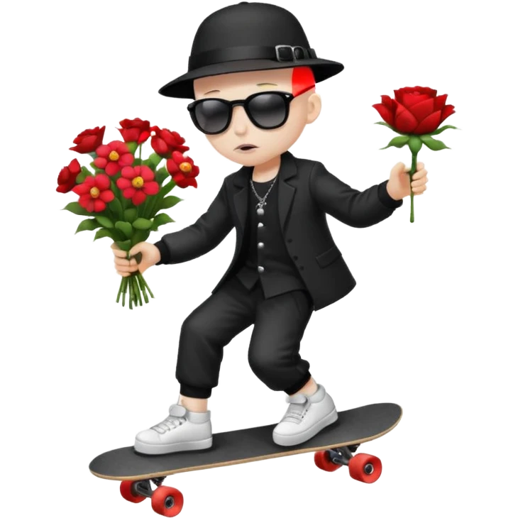 ["A sad boy with pale skin, bald, wearing a sunhat and sunglasses, dressed in goth fashion, is skateboarding while holding a flower bouquet."] emoji