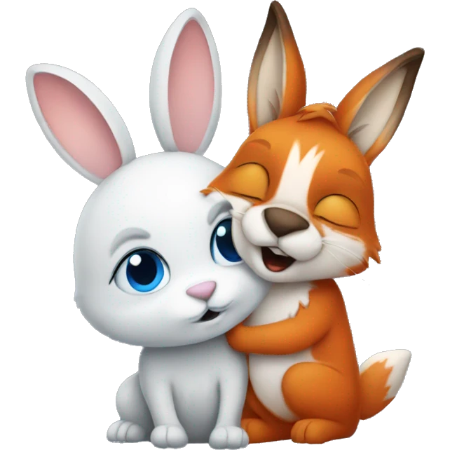 bunny with blue eyes and fox hugging emoji