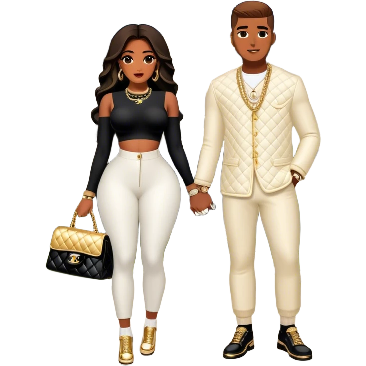 Man living his dream. He’s boo’d up with a pretty Brownskin big booty woman wearing a Chanel outfit with her holding a Chanel bag. The man has on an Off-White outfit down to the shoes and socks. The man isn’t holding a bag, but they’re standing in front if they’re Mansion emoji