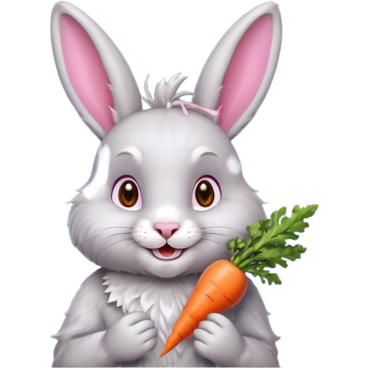 Grey rabbit, holding a carrot, grinning with joy
 emoji