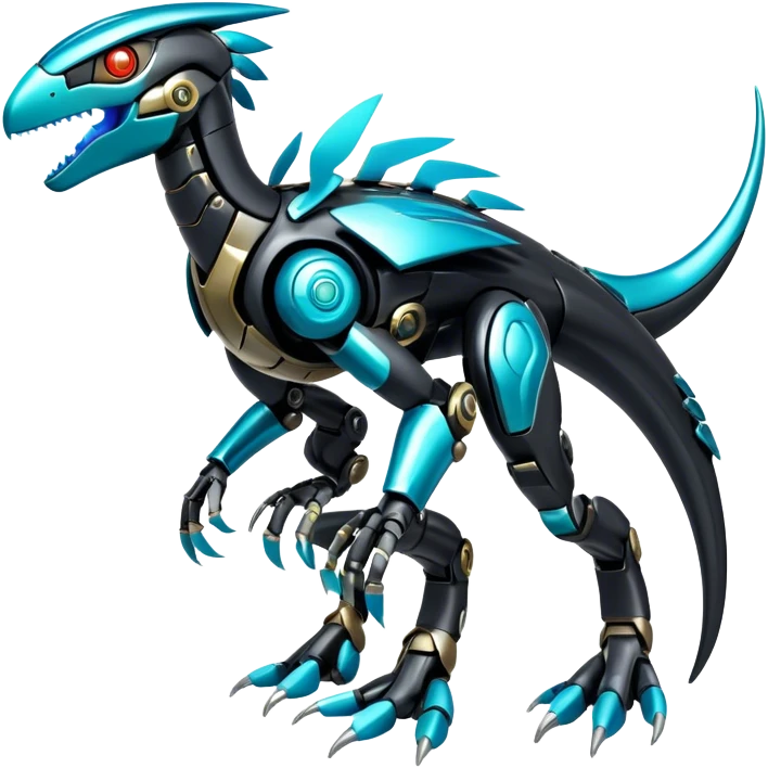 Shiny Futuristic Celestial Glossy-Metallic-Alloy Cyborg-Fakemon-Pokemon-Digimon-Spectrobes-Raptor-fusion, full body, four legs, black body, cyan accents, scales emoji