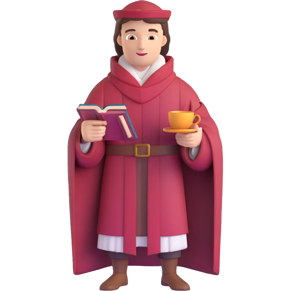 person with book and teacup, Chaucer in medieval robe behind, simple background emoji