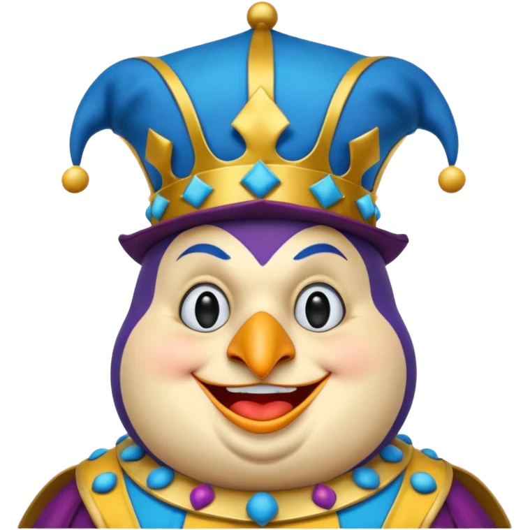 crazy colorful fat penguin jolly joker, medieval, vintage, court jester, mac os icon, blue color emoji