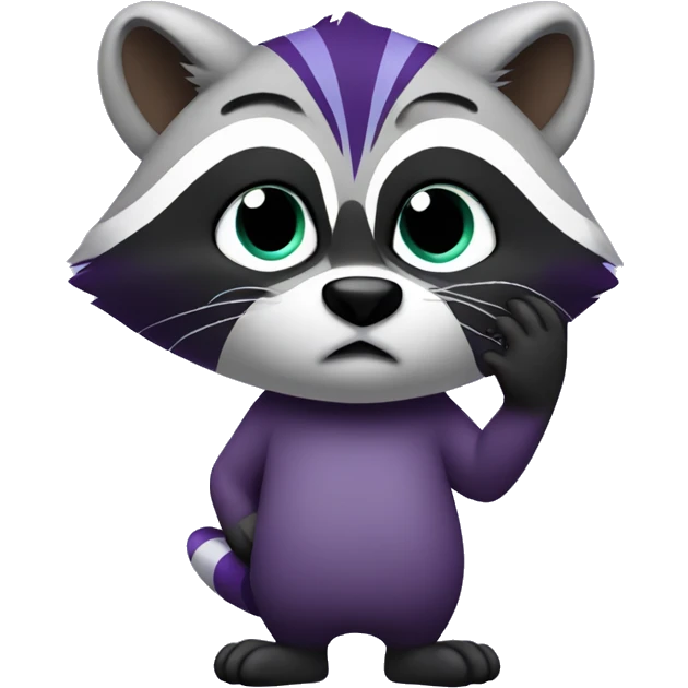 purple raccoon thoughtfully holds his hand to his face and thinks. emoji