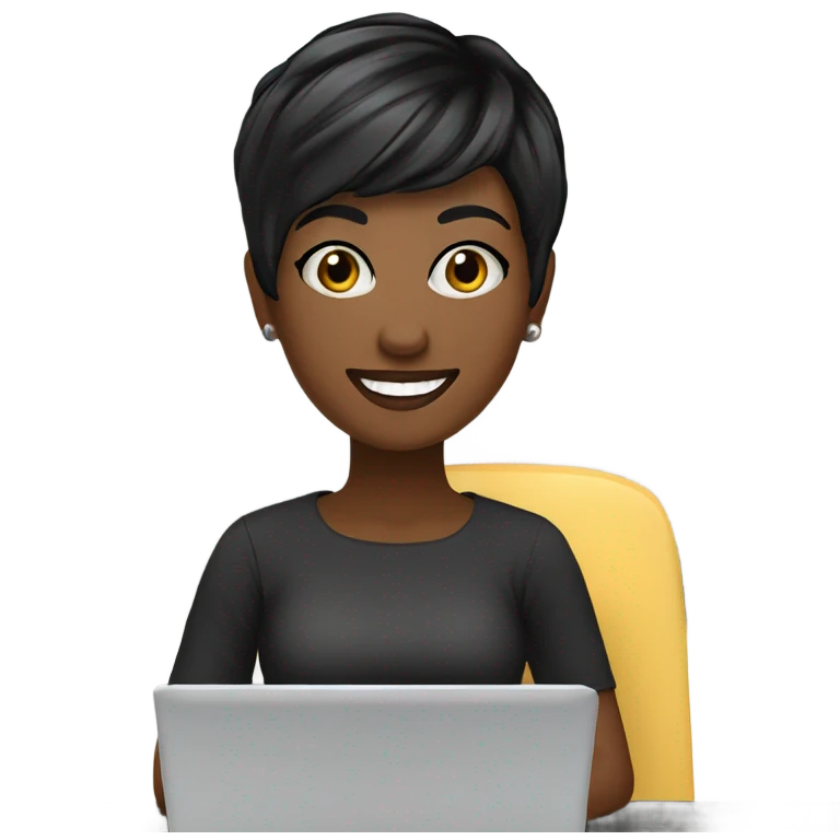 Graphic Designer woman black pixie cut with laptop, happy emoji