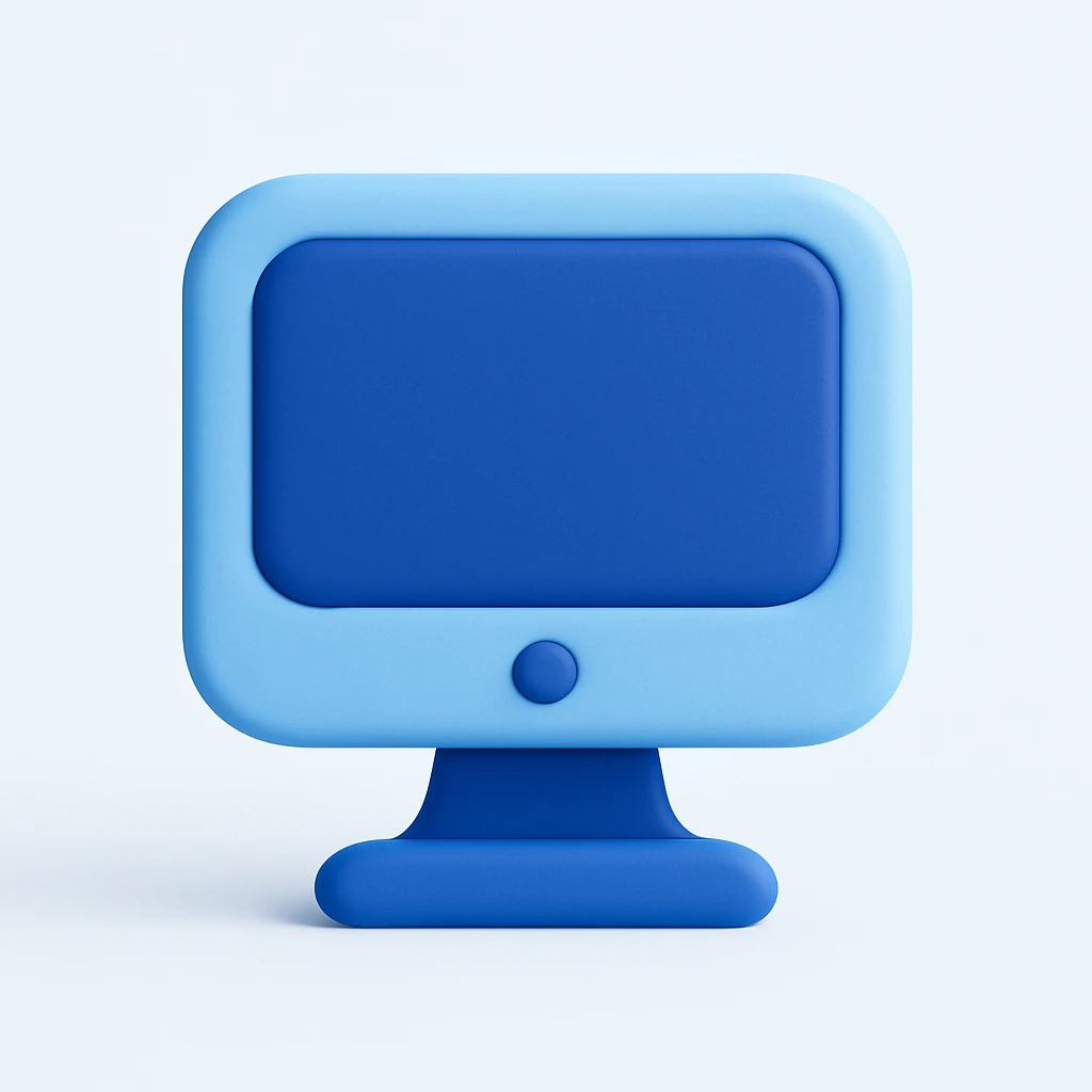modern abstract 3D icon of a desktop computer, smooth rounded forms, matte finish, light blue and deep blue color palette inspired by AlefStudio branding, subtle shadows, soft 3D effect, no realistic textures, no sharp edges, clean white or very light blue gradient background, friendly, minimalist, volumetric style, 1:1 aspect ratio emoji