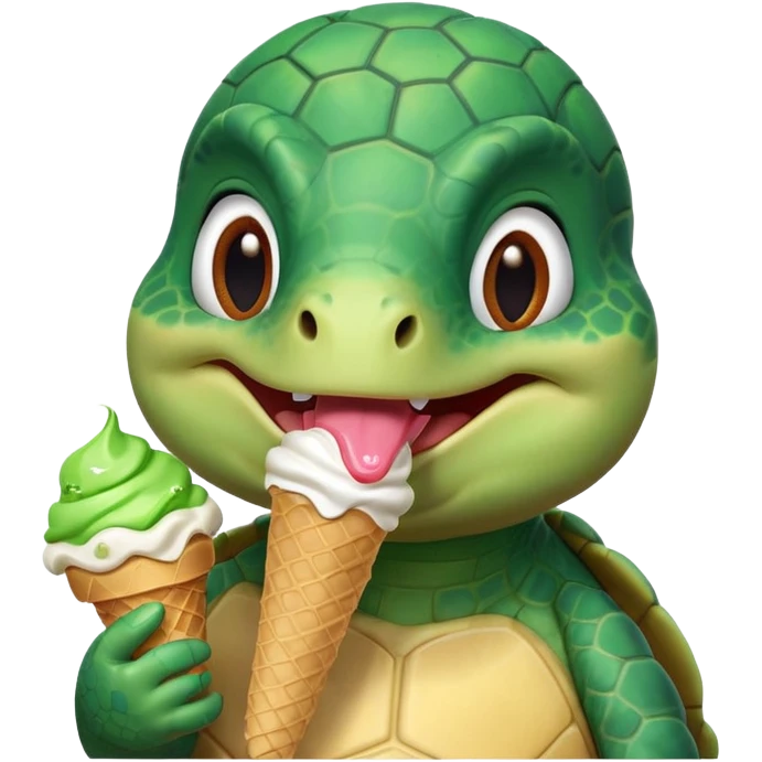 cute turtle portrait, head and shoulders only, licking an ice cream cone, funny happy expression, 3D cartoon, mobile game icon style, clean background, no text, no watermark
 emoji