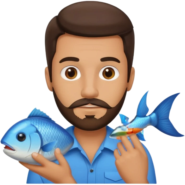 Brunette guy with facial hair holding a fish emoji