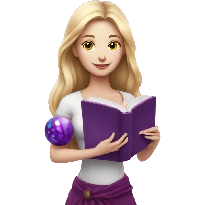 white skinned woman with magic book and purple magic sphere emoji
